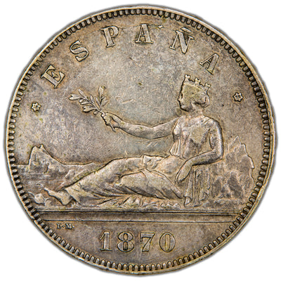 Spain 1870 5 Pesetas Silver Coin
