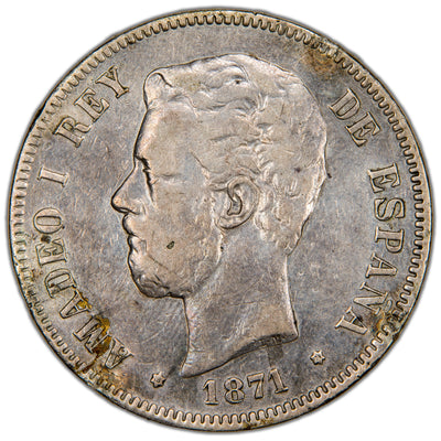 Spain 1871 DEM 5 Pesetas Silver Coin - Damaged