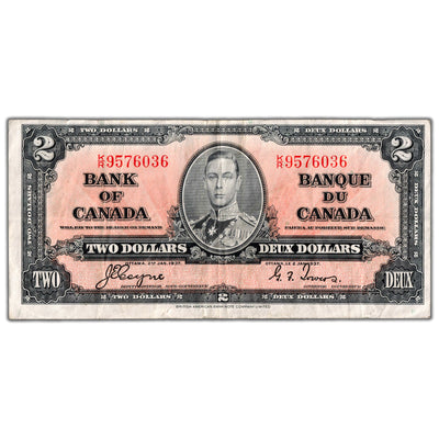 $2 1937 Bank of Canada Note Coyne-Towers K/R Prefix BC-22c - VF