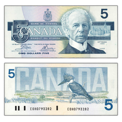 $5 1986 Bank of Canada Note Crow-Bouey Yellow B.P.N EOH Prefix BC-56a - UNC