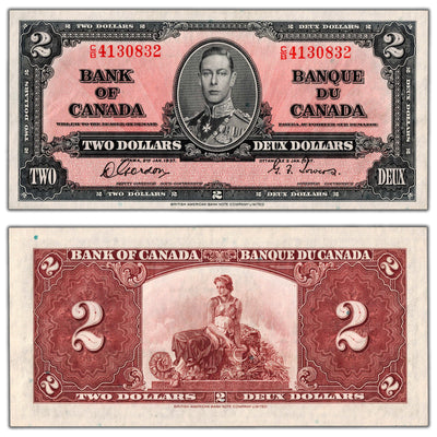 SOLD $2 1937 Bank of Canada Note Gordon-Towers C/B Prefix BC-22b - AU/UNC