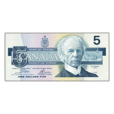 $5 1986 Bank of Canada Note Crow-Bouey Yellow B.P.N EOH Prefix BC-56a - UNC