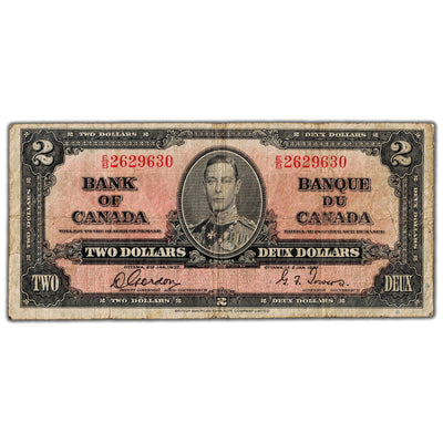 $2 1937 Bank of Canada Note Gordon-Towers E/B Prefix BC-22b - VG/F