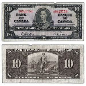 SOLD $10 1937 Bank of Canada Note Gordon-Towers X/D Prefix BC-24b - Missing Piece