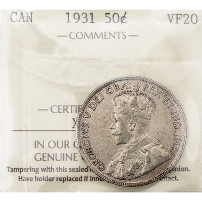 SOLD Canada 1931 50 Cents Half Dollar Silver Coin - ICCS VF-20