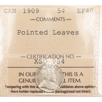 SOLD Canada 1909 Pointed Leaves 5 Cents Silver Coin - ICCS EF-40