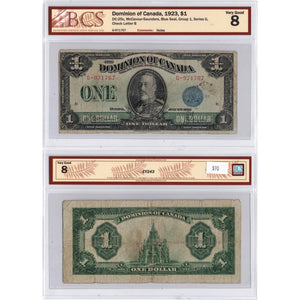 SOLD $1 1923 Dominion of Canada Note Blue Seal Series G DC-25c - BCS VG-8