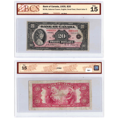 SOLD $20 1935 Bank of Canada Note English Text Small Seal BC-9b - BCS F-15