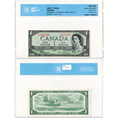 $1 1954 Bank of Canada Note Devil Face H/A Changeover Prefix BC-29a - CCCS AU-55