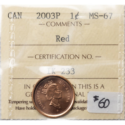 SOLD Canada 2003P 1 Small Cent Coin - ICCS MS-67 Red