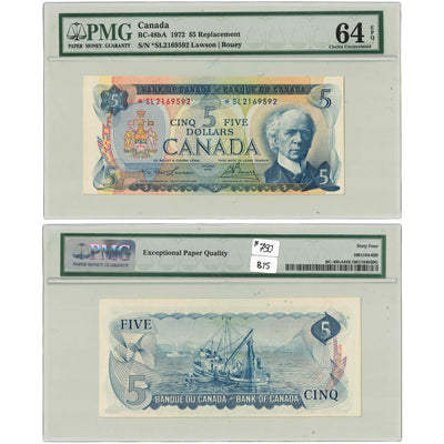 $5 1972 Bank of Canada Note *SL Replacement Prefix BC-48bA - PMG UNC-64 EPQ