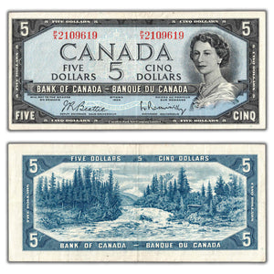 SOLD $5 1954 Bank of Canada Note Beattie-Rasminsky P/X Prefix BC-39c - VF