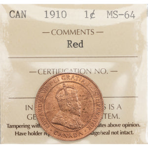 SOLD Canada 1910 1 Large Cent Coin - ICCS MS-64 Red