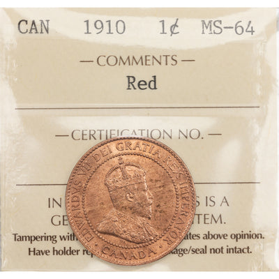 SOLD Canada 1910 1 Large Cent Coin - ICCS MS-64 Red