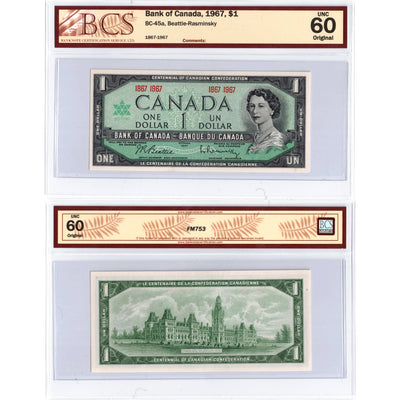 SOLD $1 1967 Bank of Canada Note Centennial Commemorative BC-45a - BCS UNC-60