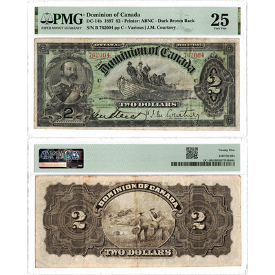 SOLD $2 1897 Dominion of Canada Note Courtney Dark Brown Back DC-14b - PMG VF-25