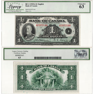 $1 1935 Bank of Canada Note English Text Letter 'A' BC-1 - Legacy UNC-63