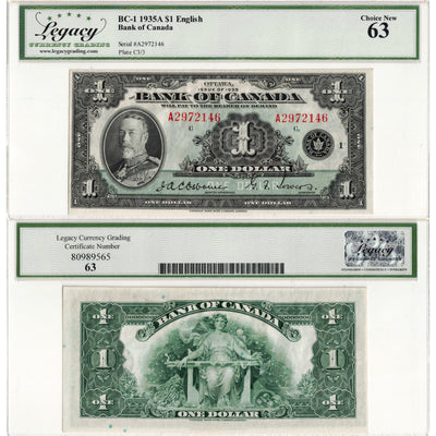 $1 1935 Bank of Canada Note English Text Letter 'A' BC-1 - Legacy UNC-63