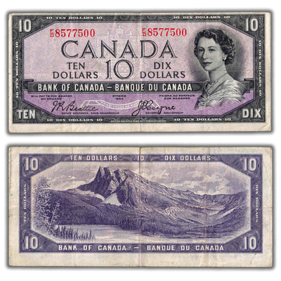 $10 1954 Bank of Canada Note Devil Face Beattie-Coyne F/D Prefix BC-32b - F/VF