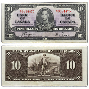 SOLD $10 1937 Bank of Canada Note Coyne-Towers K/T Prefix BC-24c - VF/EF