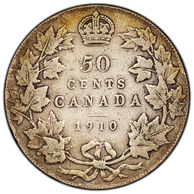 Canada 1910 Victorian Leaves 50 Cents Half Dollar Silver Coin - Fine