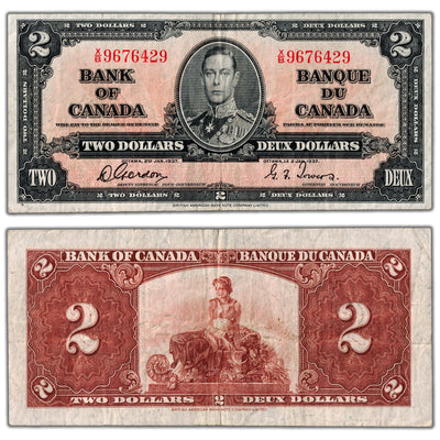 $2 1937 Bank of Canada Note Gordon-Towers X/B Prefix BC-22b - F/VF