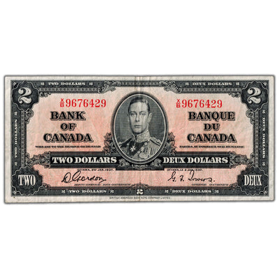 $2 1937 Bank of Canada Note Gordon-Towers X/B Prefix BC-22b - F/VF