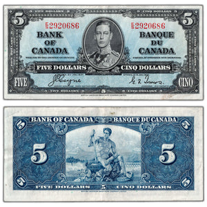 SOLD $5 1937 Bank of Canada Note Coyne-Towers E/S Prefix BC-23c - VF/EF