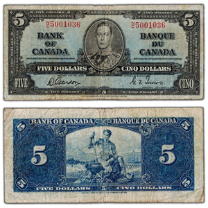 SOLD $5 1937 Bank of Canada Note Gordon-Towers N/C Prefix BC-23b - VG/F