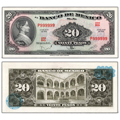Mexico 1970 20 Pesos Note P #54p - Solid Serial 999999 - AU/UNC