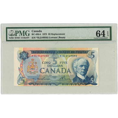 $5 1972 Bank of Canada Note *SL Replacement Prefix BC-48bA - PMG UNC-64 EPQ