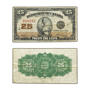 SOLD 25 Cents 1923 Dominion of Canada Shinplaster Note DC-24d - VF (pinholes)