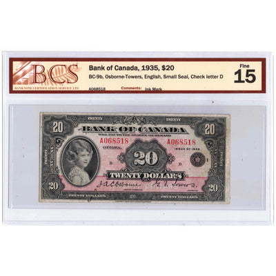 SOLD $20 1935 Bank of Canada Note English Text Small Seal BC-9b - BCS F-15