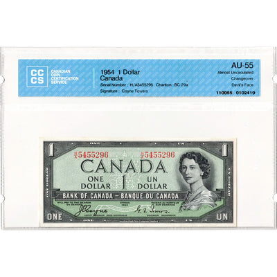 $1 1954 Bank of Canada Note Devil Face H/A Changeover Prefix BC-29a - CCCS AU-55
