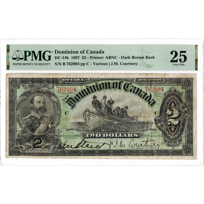 SOLD $2 1897 Dominion of Canada Note Courtney Dark Brown Back DC-14b - PMG VF-25