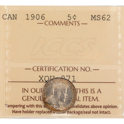 Canada 1906 5 Cents Silver Coin - ICCS MS-62