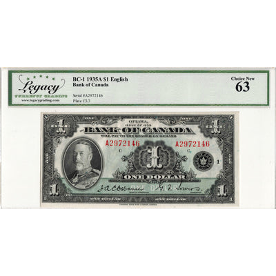 $1 1935 Bank of Canada Note English Text Letter 'A' BC-1 - Legacy UNC-63