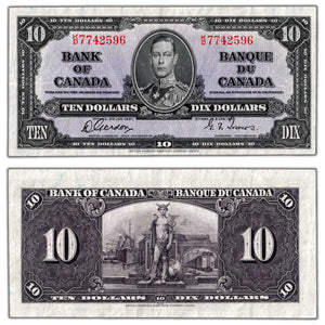 SOLD $10 1937 Bank of Canada Note Gordon-Towers K/D Prefix BC-24b - About EF