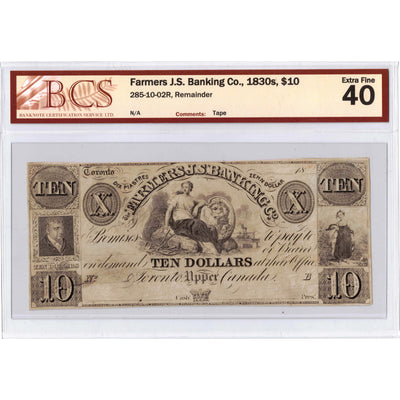 SOLD $10 1830's Farmers Joint Stock Banking Co. Canada Note #285-10-02R - BCS EF-40