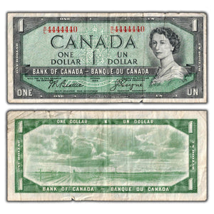 SOLD $1 1954 Bank of Canada Note Beattie-Coyne R/L Prefix BC-37a - Near Solid Serial