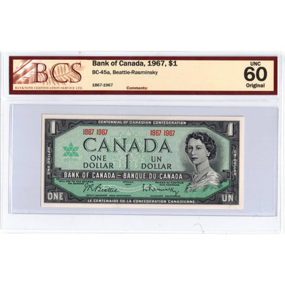 SOLD $1 1967 Bank of Canada Note Centennial Commemorative BC-45a - BCS UNC-60