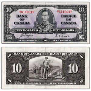 SOLD $10 1937 Bank of Canada Note Coyne-Towers B/T Prefix BC-24c - Abt. EF