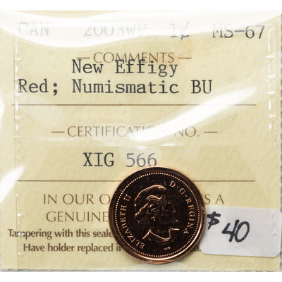 SOLD Canada 2003WP New Effigy 1 Small Cent Coin - ICCS MS-67 Red Numismatic BU