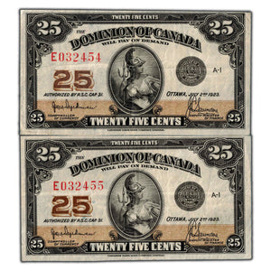 SOLD 25 Cents 1923 Dominion of Canada Shinplaster Notes DC-24a - 2 Consec VF+