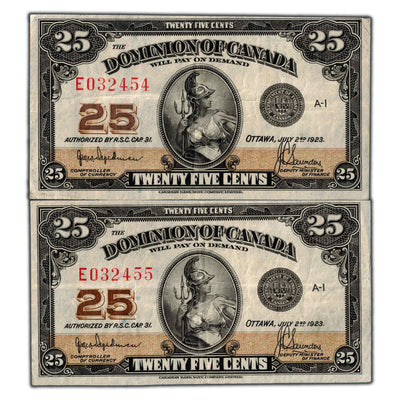 SOLD 25 Cents 1923 Dominion of Canada Shinplaster Notes DC-24a - 2 Consec VF+