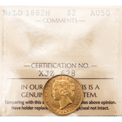 SOLD Newfoundland 1882-H $2 Two Dollars Gold Coin - ICCS AU-50