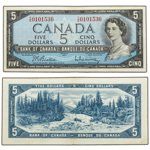 SOLD $5 1954 Bank of Canada Note Beattie-Rasminsky Y/S Prefix BC-39b - EF/AU