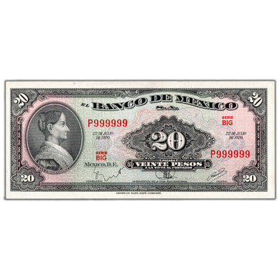 Mexico 1970 20 Pesos Note P #54p - Solid Serial 999999 - AU/UNC