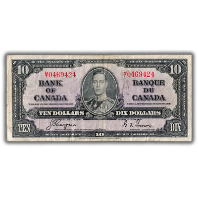 $10 1937 Bank of Canada Note Coyne-Towers M/T Final Prefix BC-24c - F/VF (writing)