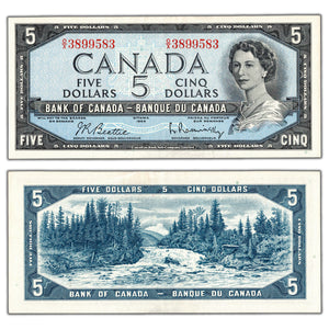 SOLD $5 1954 Bank of Canada Note Beattie-Rasminsky O/X Prefix BC-39b - AU